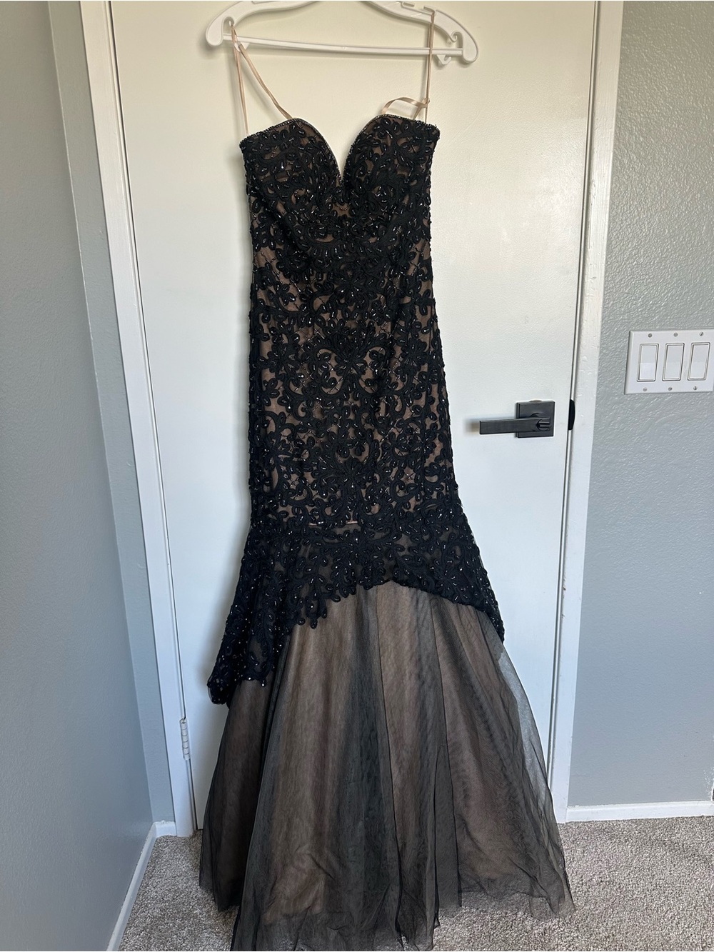 Cinderella Black Beaded Lace Mermaid Gown with Nude Illusion